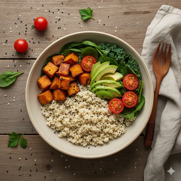 Stylized illustration of a simple balanced plate on a warm background